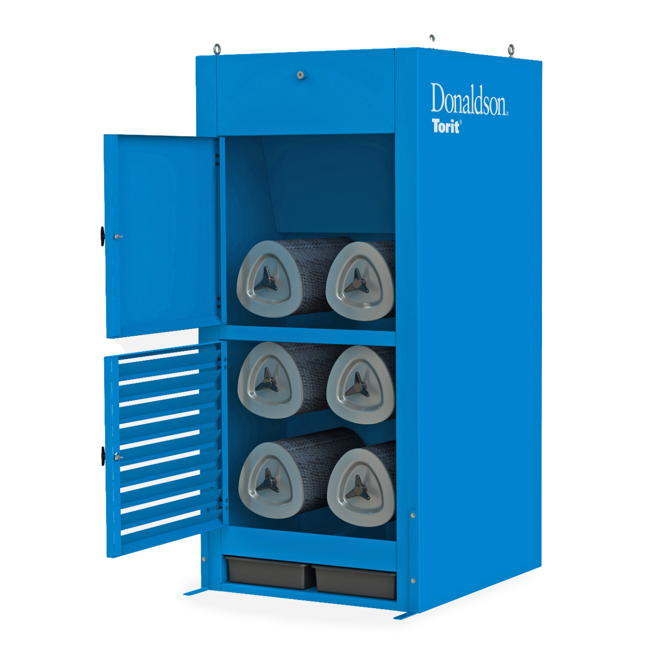 Downflo Workstation Dust Collector with its Door-Open and loaded with cartridges.