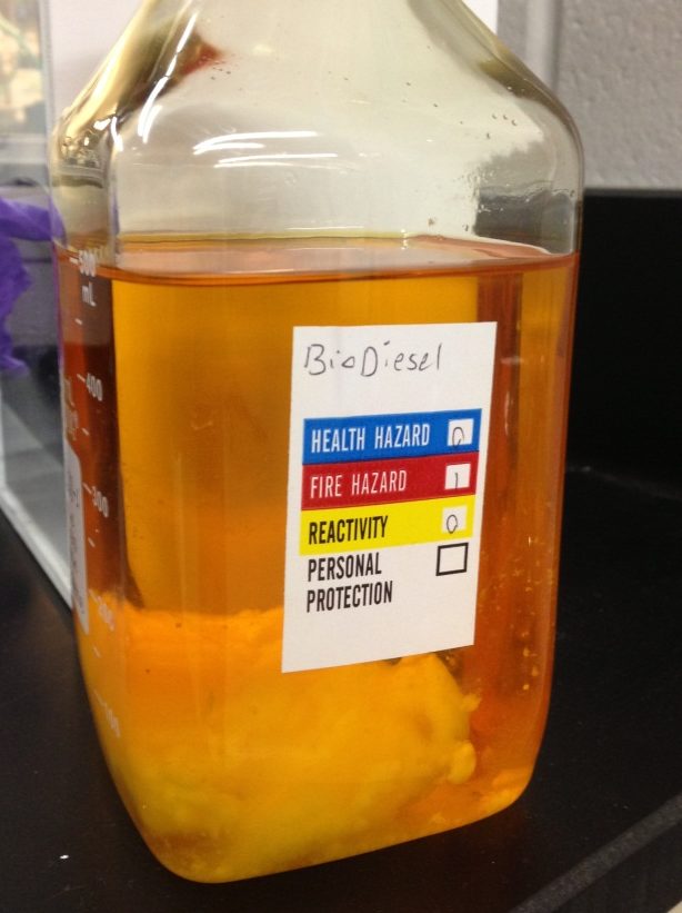 Midwest (United States) produced Soy B100 stored at 4° C / 40° F. The solids in the bottom are glycerin fallout and would plug most any filter. See Strategy 9.