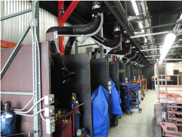 Workshops for Warriors in San Diego has multiple weld stations with source extraction arms tied into a central Donaldson Torit® Downflo® Oval Dust Collector.