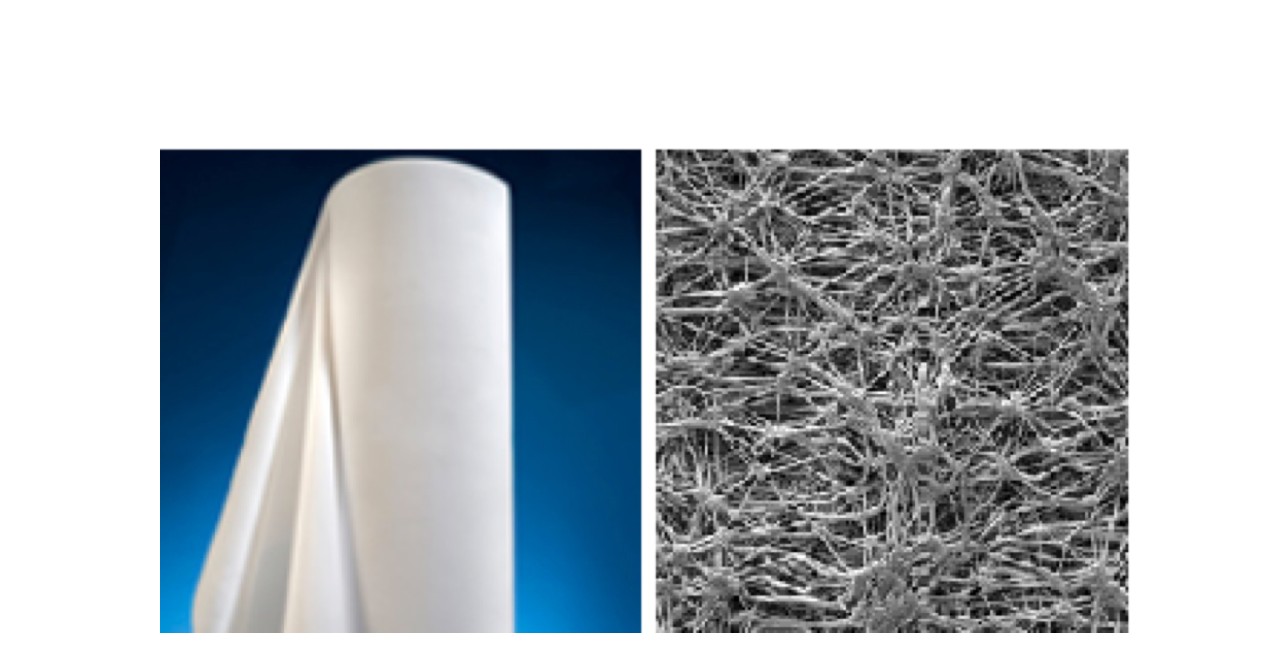 Figura 2: Le membrane in ePTFE, mostrate in rotolo a sinistra e ingrandite con un microscopio elettronico a scansione (SEM) a 5000x a destra, offrono una protezione dall'ingresso ma consentono il passaggio dei gas.