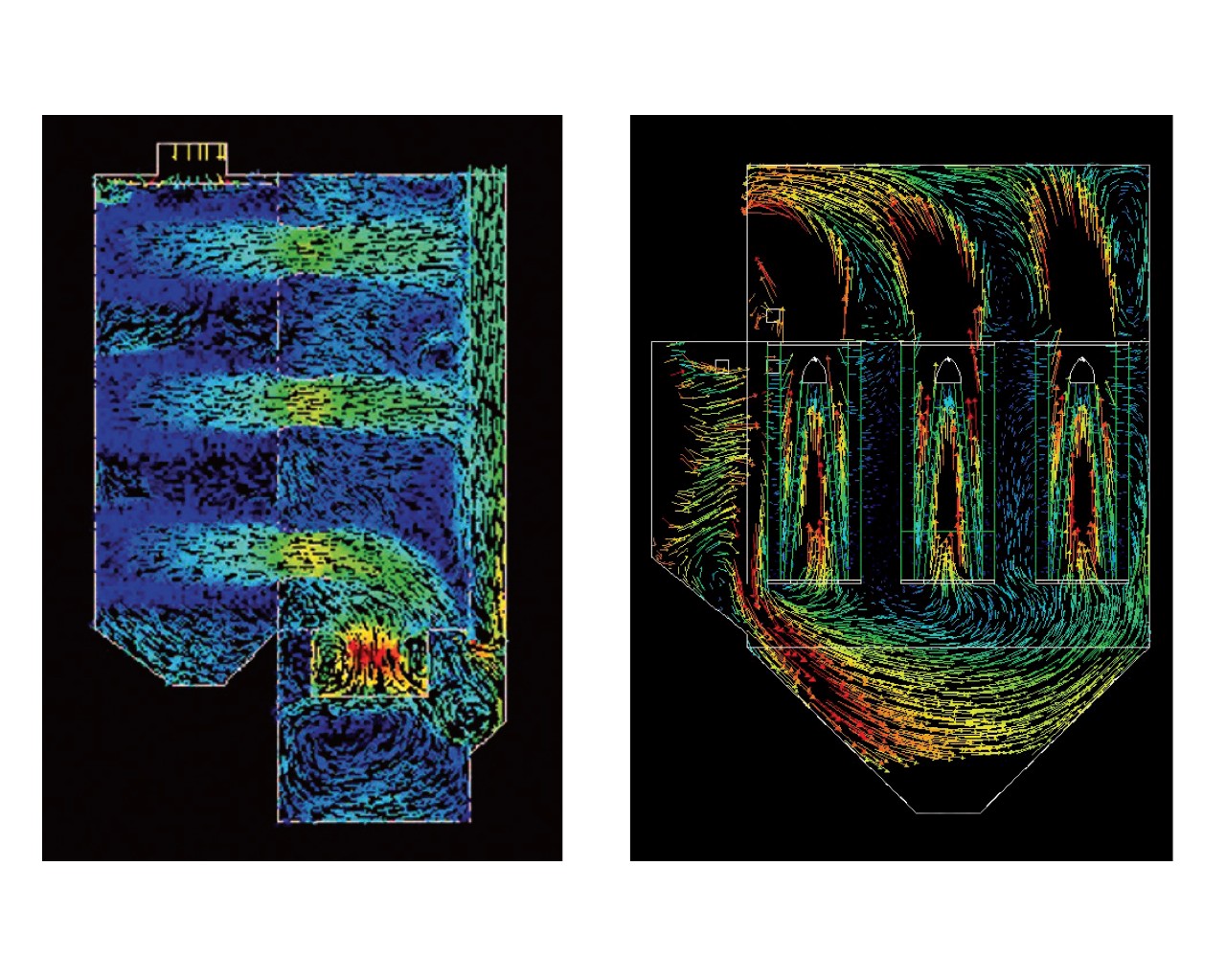 Comparação entre coletor de fluxo descendente (esquerda) e coletor vertical (direita)